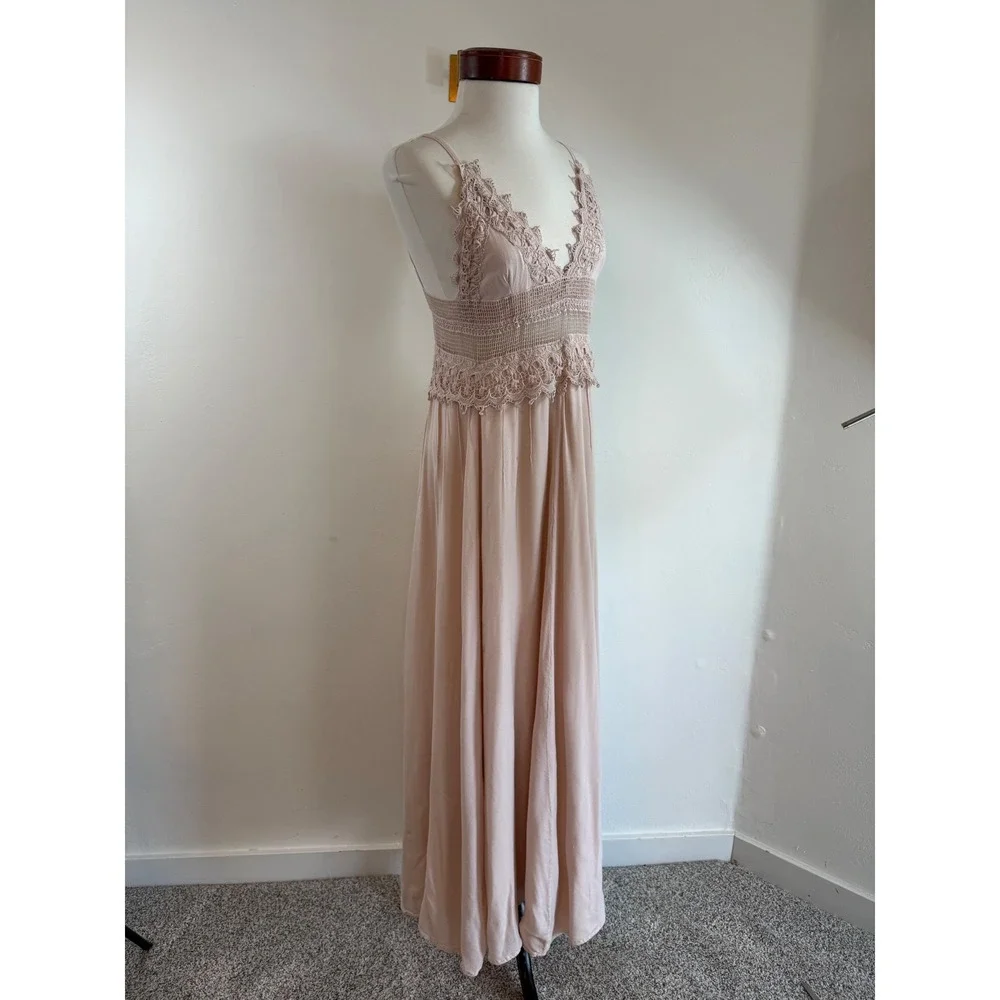 MILA Lace Trim Maxi Dress Blush Pink Boho Coquette Cottagecore‎ Romantic Fairy M